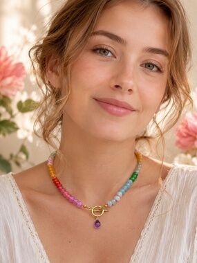 New Rainbow Gem Agate Amethyst Pendant Yellow Gold Plated | February birthstone